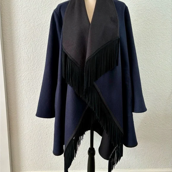 Sofia Cashmere navy and black fringe trim coat - Picture 3 of 11